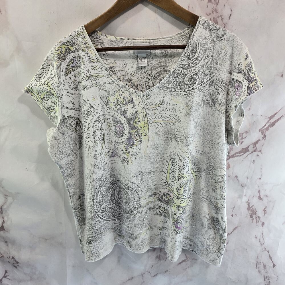 Chicos T Shirt Womens XL 3 White Gray Short Beaded Sequin Metallic Paisley